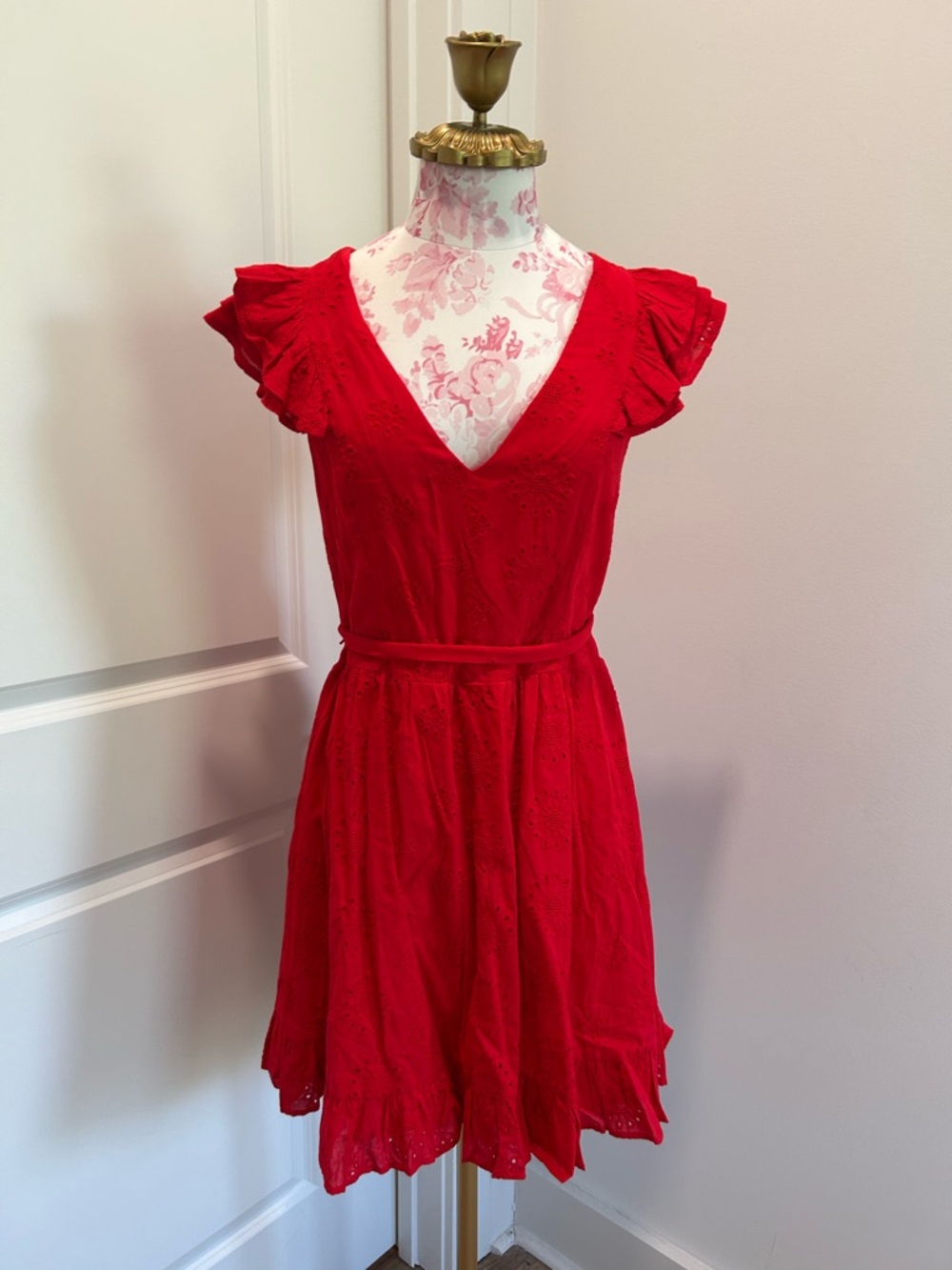 Sugarlips Red V-Neck Eyelet Mini Dress
